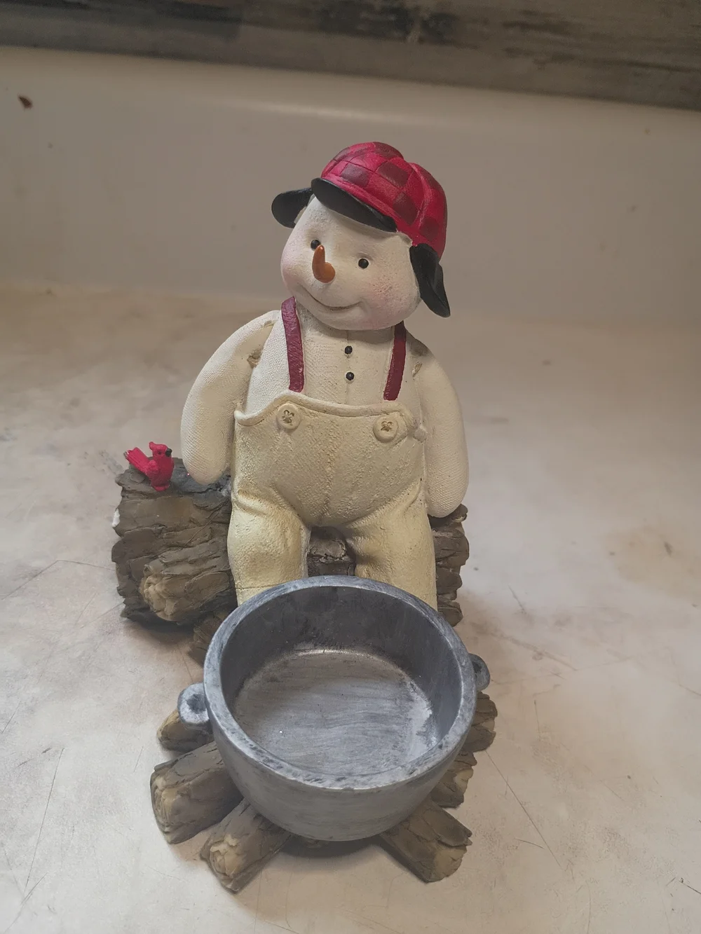 Vintage Hallmark Hunting Cap Snowman Sitting on a Log Tea Light Candle Holder